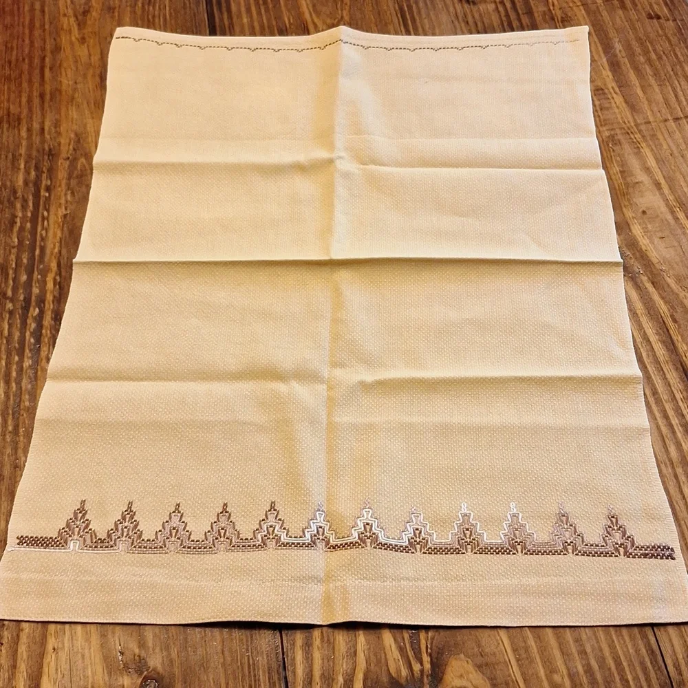 Vintage Tan Hand Embroidered Dish Towel